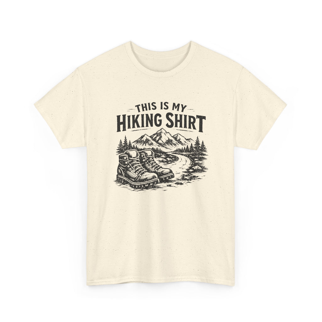 Beige t-shirt with hiking graphic and text 'this is my hiking shirt' on a white background