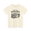 Beige t-shirt with hiking graphic and text 'this is my hiking shirt' on a white background