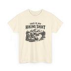 Beige t-shirt with hiking graphic and text 'this is my hiking shirt' on a white background