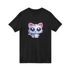 Kawaii Glitter Kitty V-Neck Tee — Cute Big-Eyed Cat Graphic Shirt