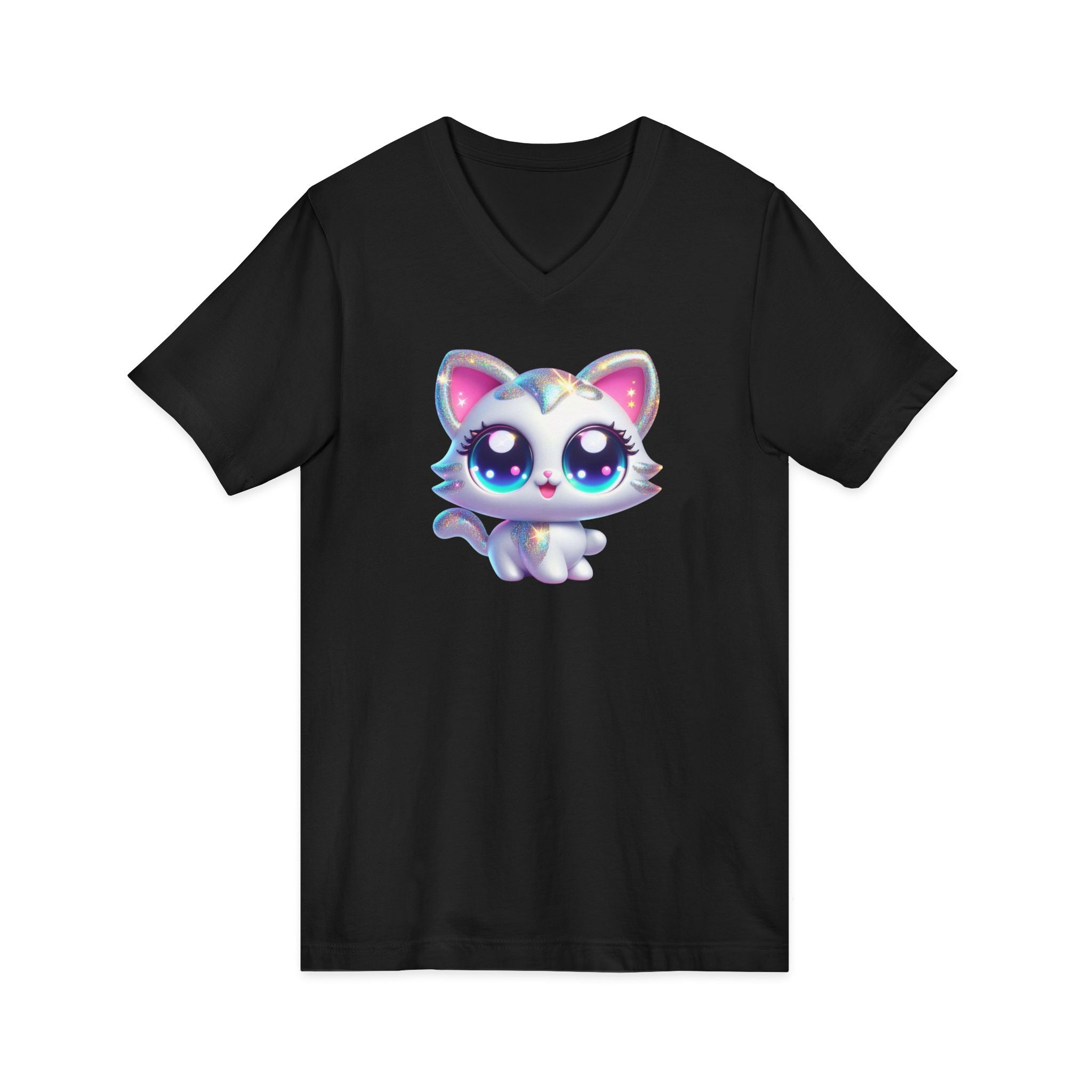 Kawaii Glitter Kitty V-Neck Tee — Cute Big-Eyed Cat Graphic Shirt