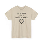 Beige t-shirt with text 'Life is better with a Golden Retriever' and heart design on a white background