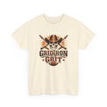 Beige t-shirt with 'Gridiron Grit' graphic design featuring a skull, crossed swords, and football on a white background.