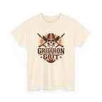 Beige t-shirt with 'Gridiron Grit' graphic design featuring a skull, crossed swords, and football on a white background.