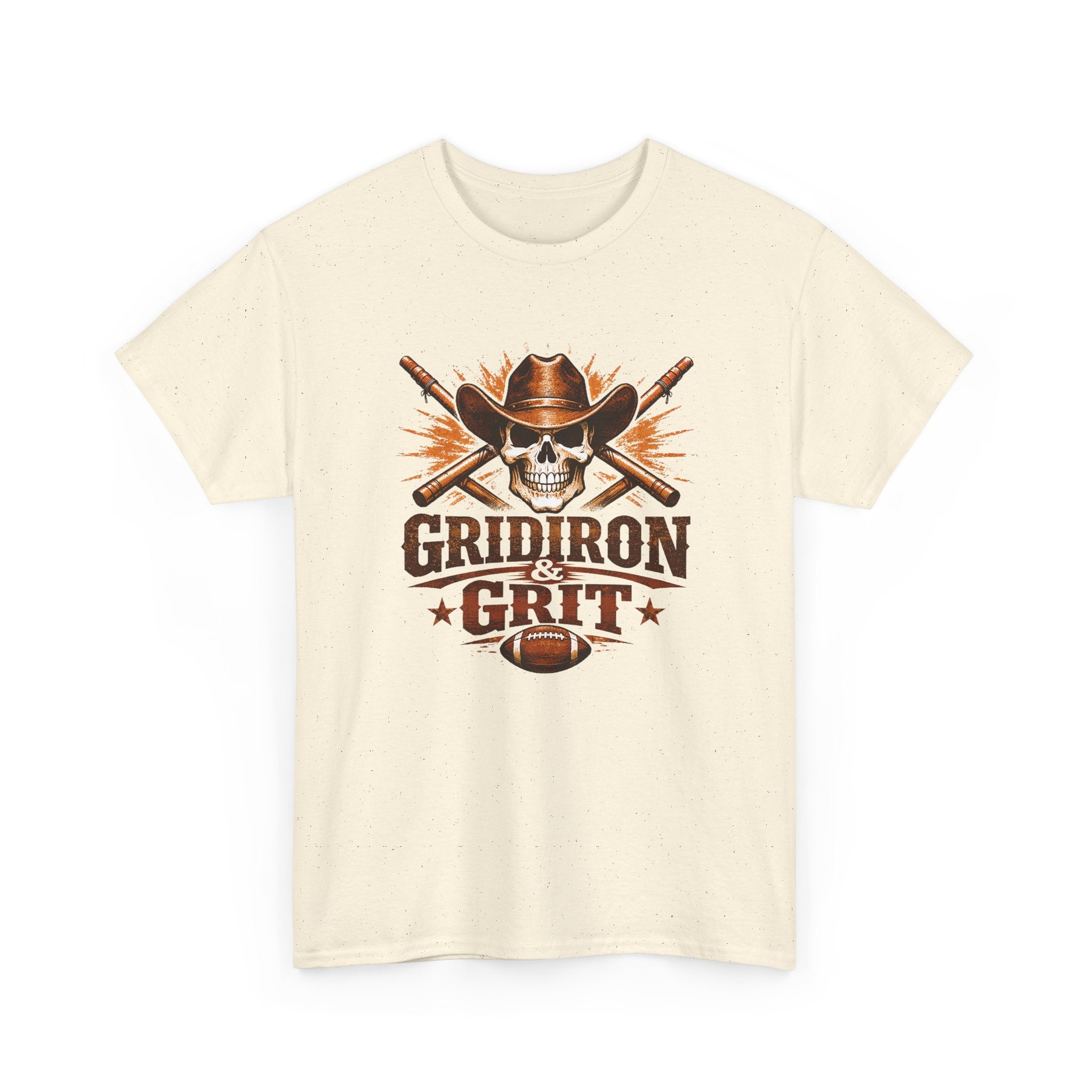 Beige t-shirt with 'Gridiron Grit' graphic design featuring a skull, crossed swords, and football on a white background.