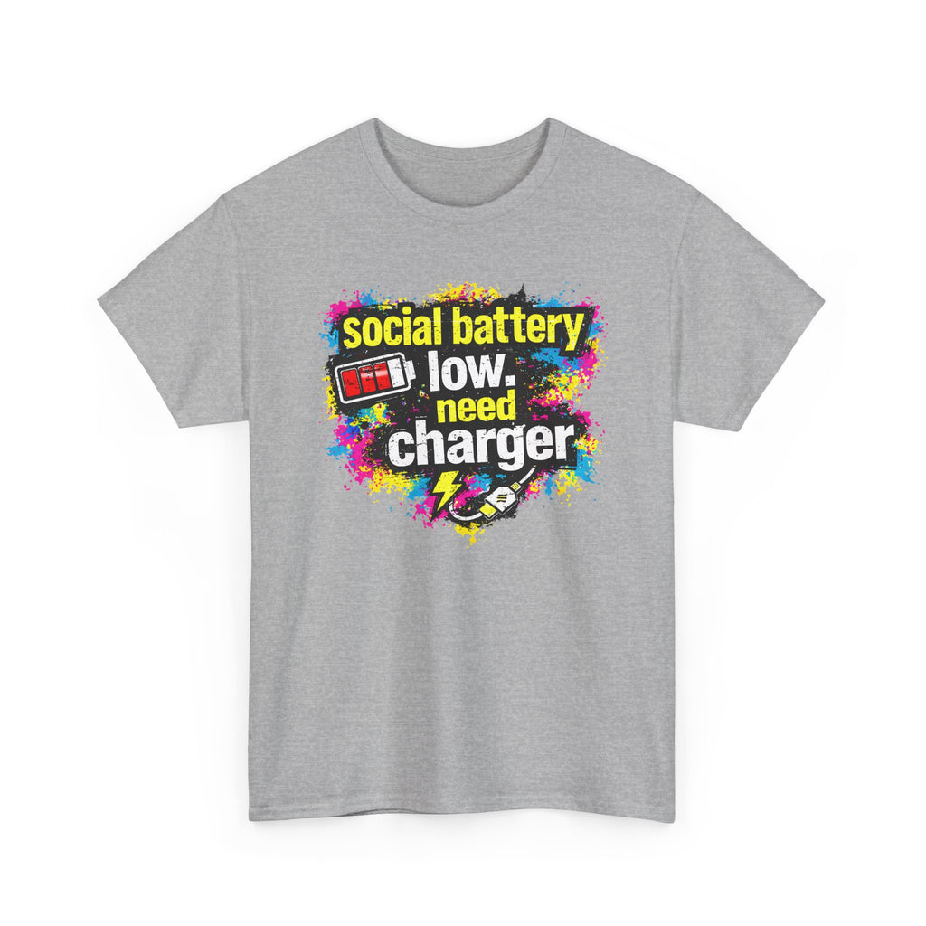 Social Battery Low Need Charger T-Shirt — Funny Sarcastic Introvert Graphic Tee