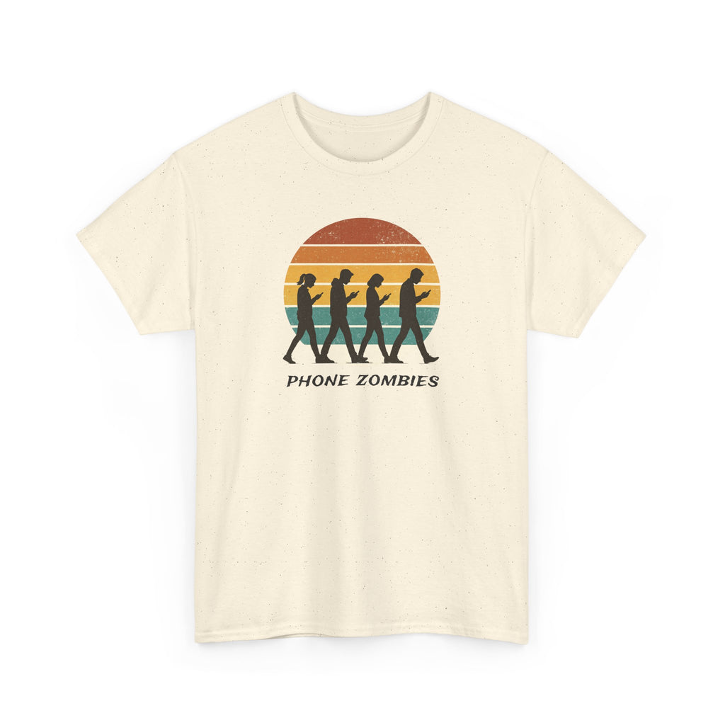 retro style silhouette of people walking looking at their smart phones with the text 'phone zombies'