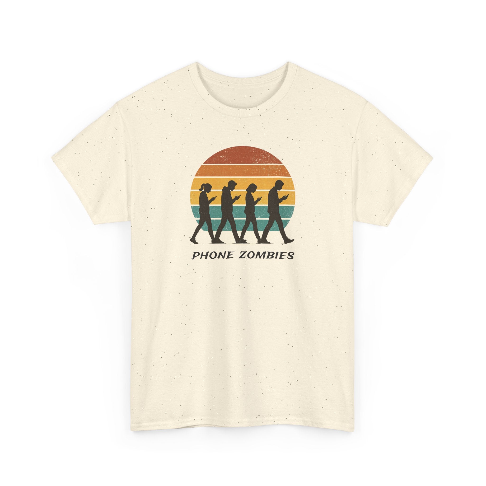 retro style silhouette of people walking looking at their smart phones with the text 'phone zombies'