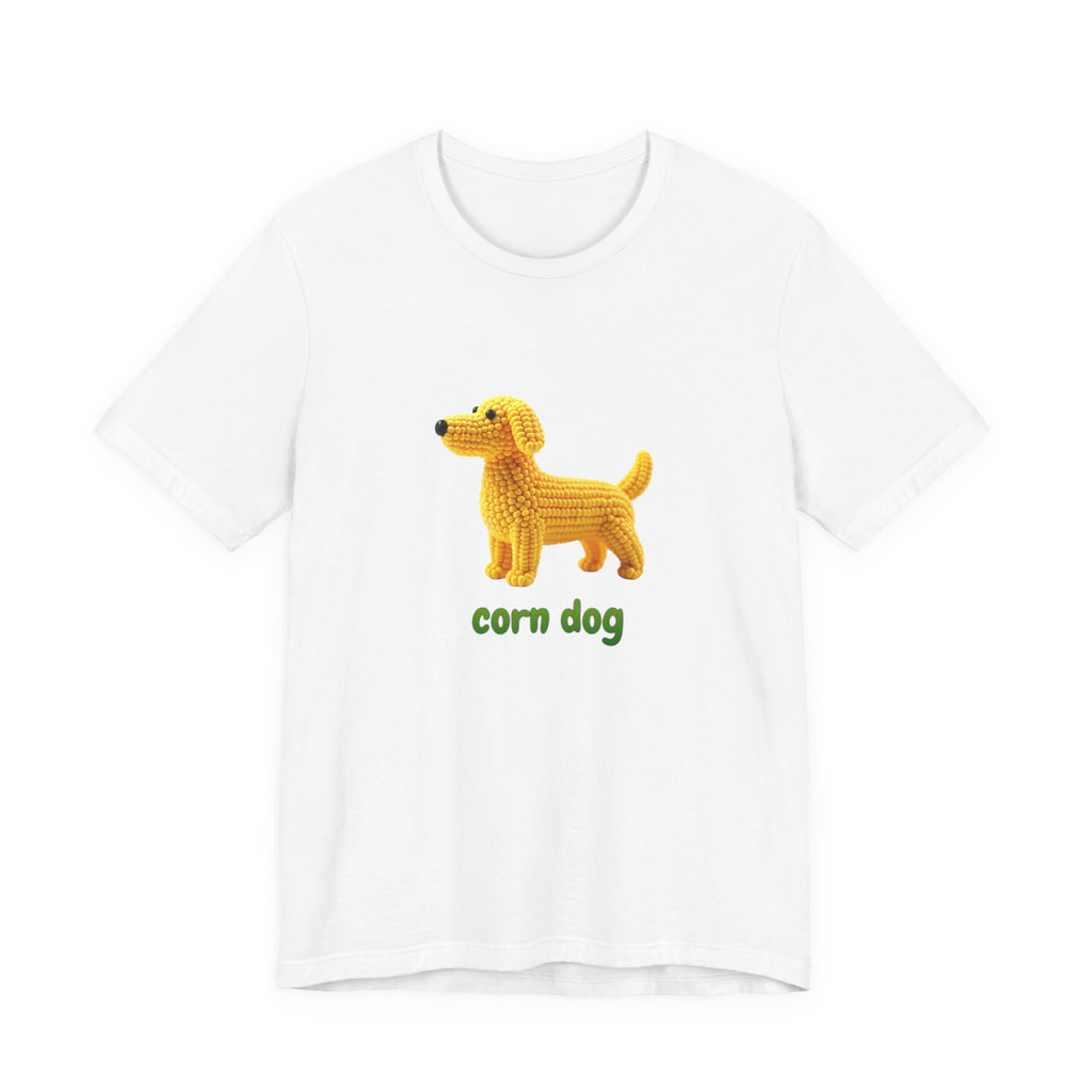 Playful 3D illustration of a cute dog made entirely of bright yellow corn kernels, a visual play on the food 'corn dog'.