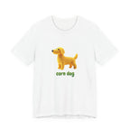 Playful 3D illustration of a cute dog made entirely of bright yellow corn kernels, a visual play on the food 'corn dog'.