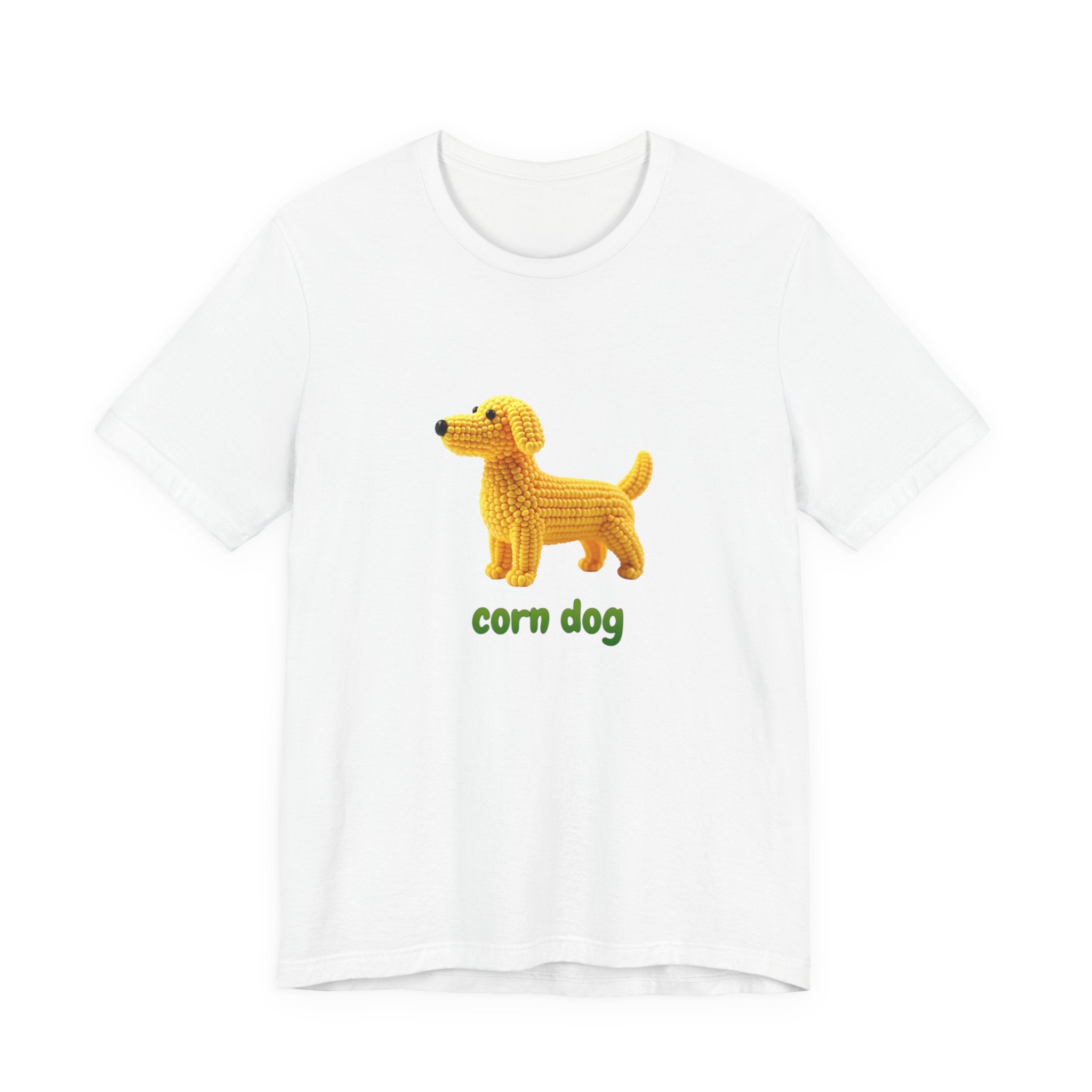 Playful 3D illustration of a cute dog made entirely of bright yellow corn kernels, a visual play on the food 'corn dog'.