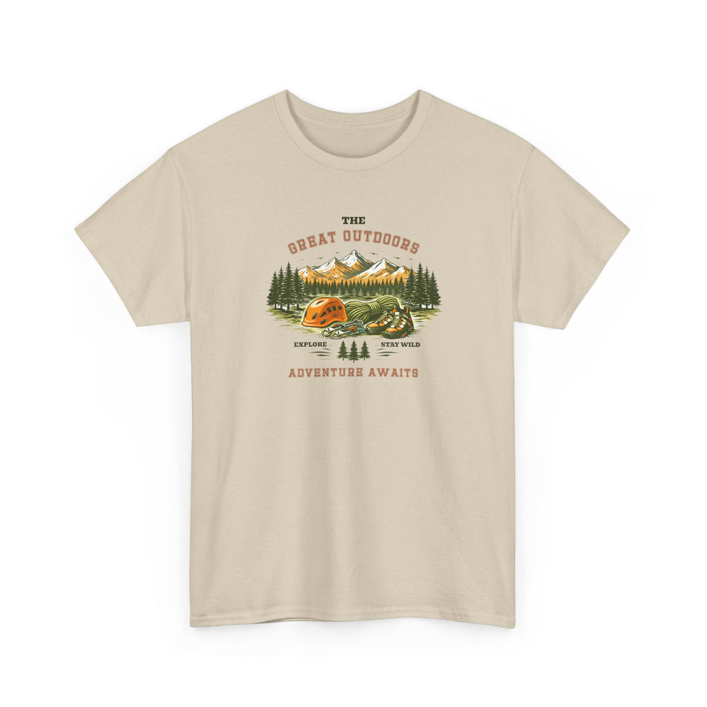 Rock Climbing Camping T-Shirt — "The Great Outdoors: Adventure Awaits" Graphic Tee