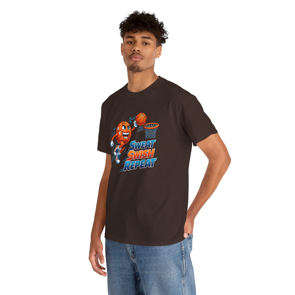 Sweat Swish Repeat Basketball T‑Shirt — Fun Hoop Cartoon Graphic Tee