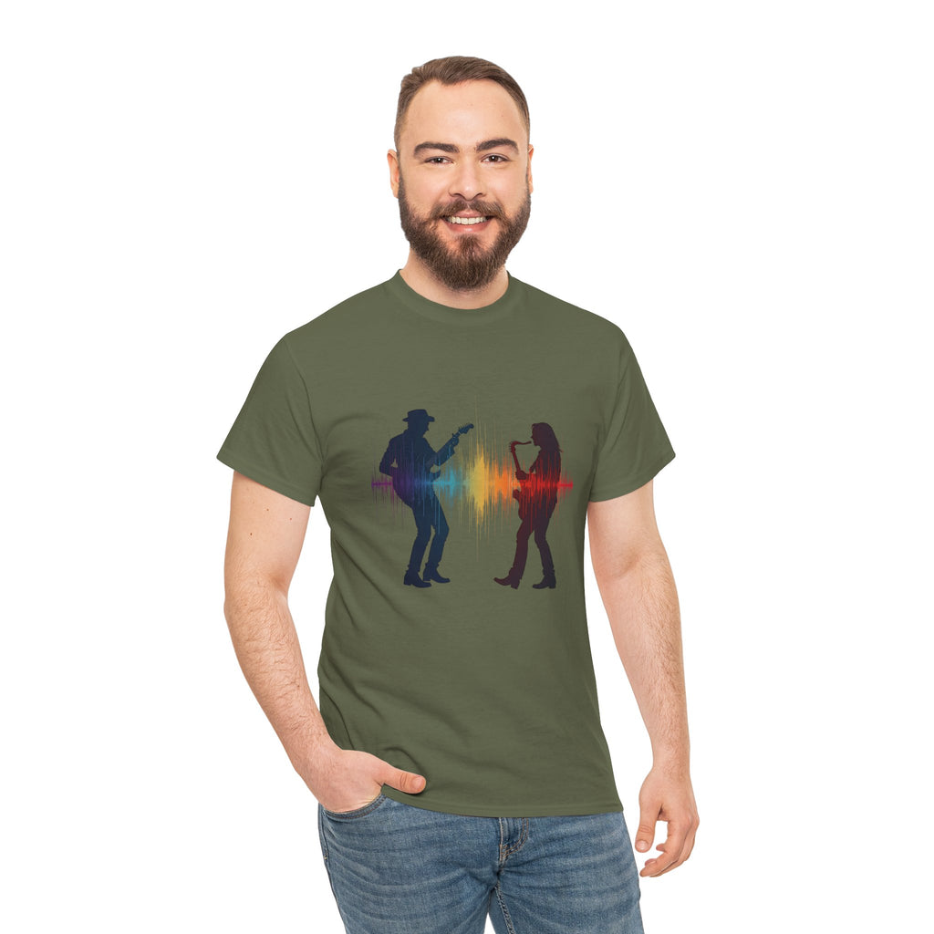 Music Lovers T‑Shirt – Guitarist & Singer Silhouette with Colorful Soundwave