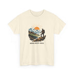 Beige t-shirt with a mountain and person graphic and 'Mental Health > Miles' text on a white background