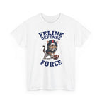 White t-shirt with a graphic of a cat wearing a football helmet and the text 'Feline Defense Force' on a white background.