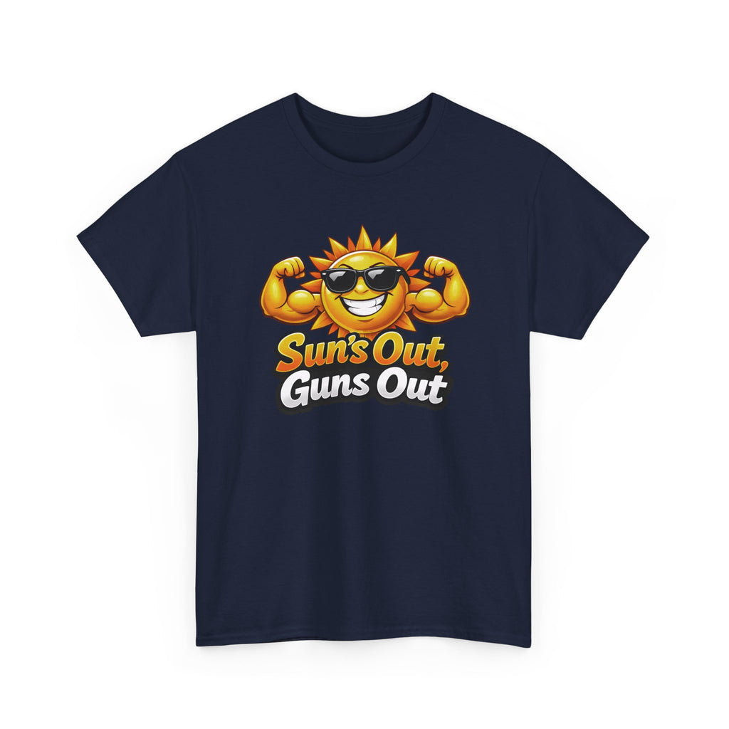 Navy blue t-shirt with a sun graphic and 'Sun's Out, Guns Out' text on a white background