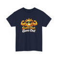 Navy blue t-shirt with a sun graphic and 'Sun's Out, Guns Out' text on a white background
