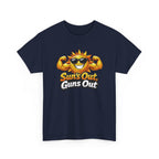 Navy blue t-shirt with a sun graphic and 'Sun's Out, Guns Out' text on a white background
