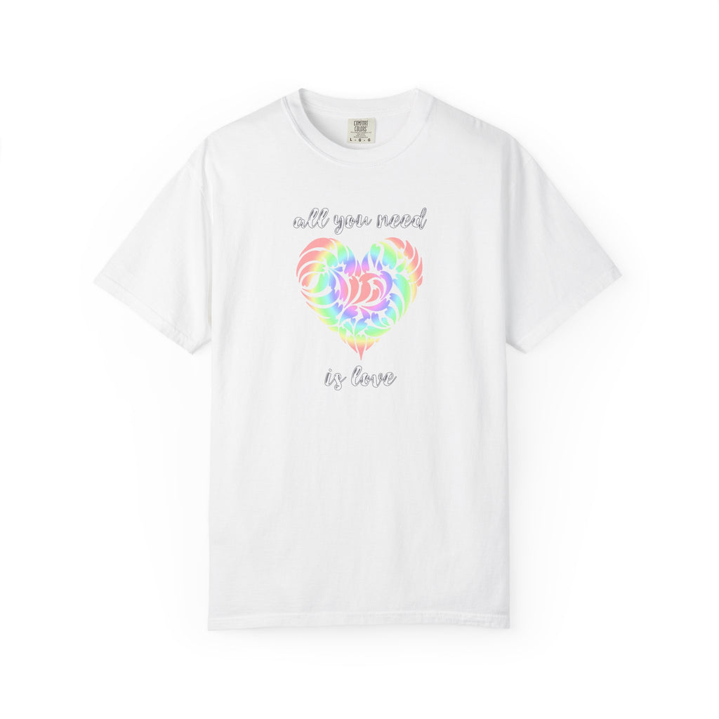 Rainbow gradient heart with decorative swirling patterns and the phrase ‘all you need is love’ in elegant script.