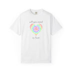 Rainbow gradient heart with decorative swirling patterns and the phrase ‘all you need is love’ in elegant script.