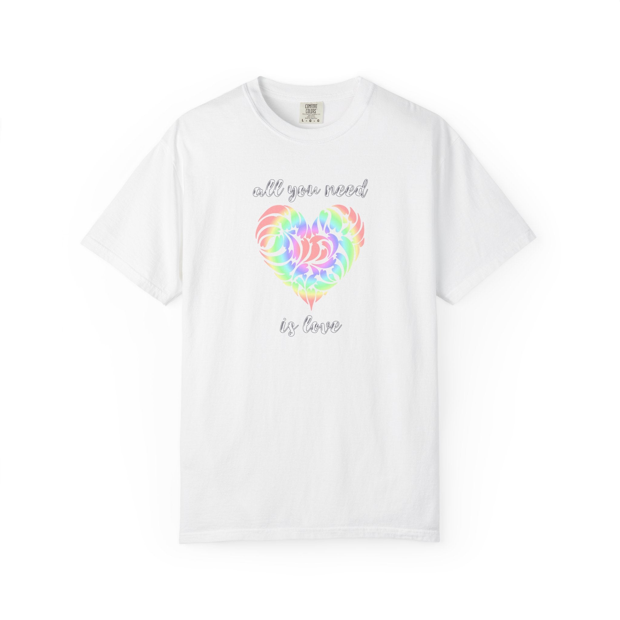 Rainbow gradient heart with decorative swirling patterns and the phrase ‘all you need is love’ in elegant script.