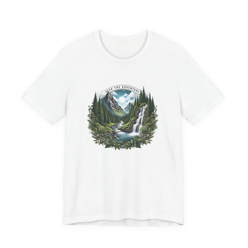 Detailed illustration of a lush mountain landscape with evergreen forest, flowing river, waterfall, and sunlit peaks, featuring the text ‘Seek the Adventure’ in a circular nature-inspired design.