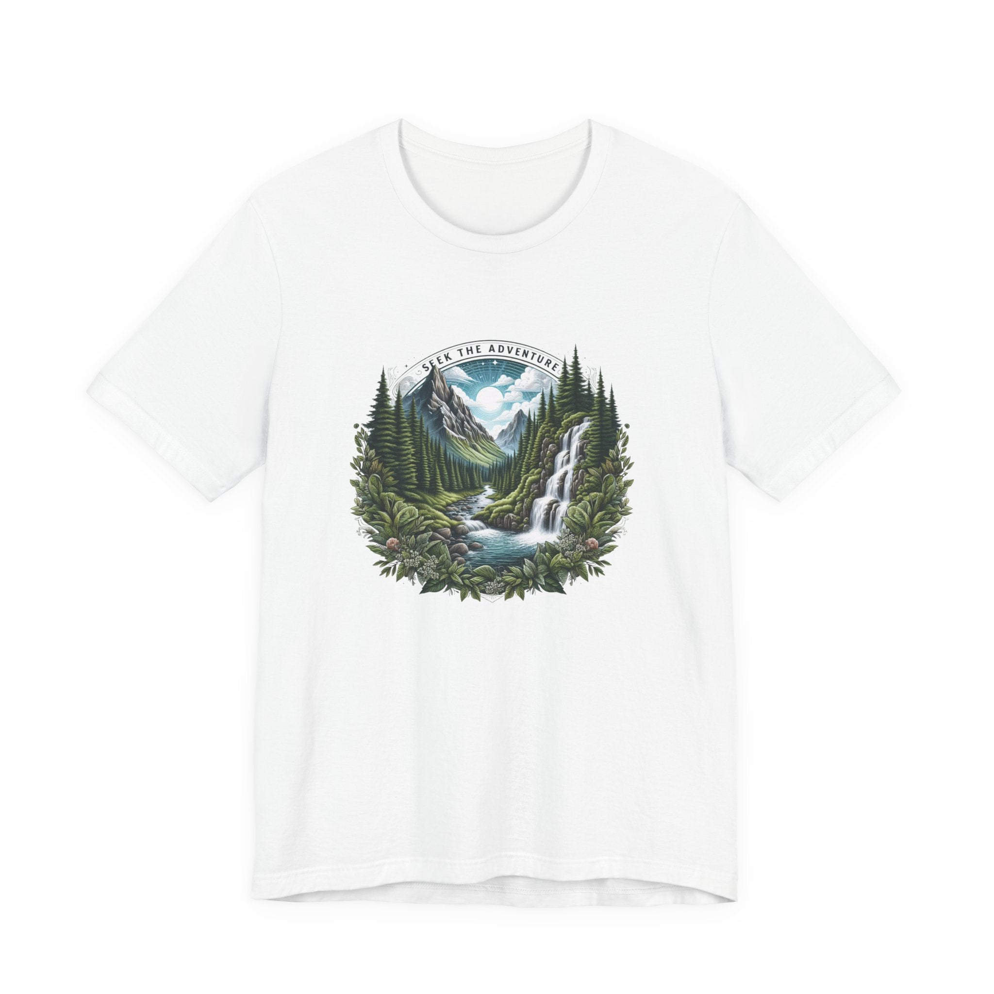 Detailed illustration of a lush mountain landscape with evergreen forest, flowing river, waterfall, and sunlit peaks, featuring the text ‘Seek the Adventure’ in a circular nature-inspired design.