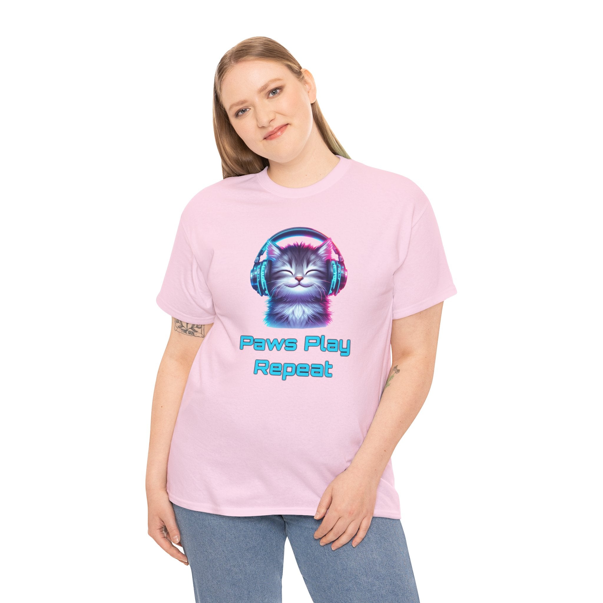 Cat Headphones T-Shirt - "Paws Play Repeat" Cute Music Cat Tee