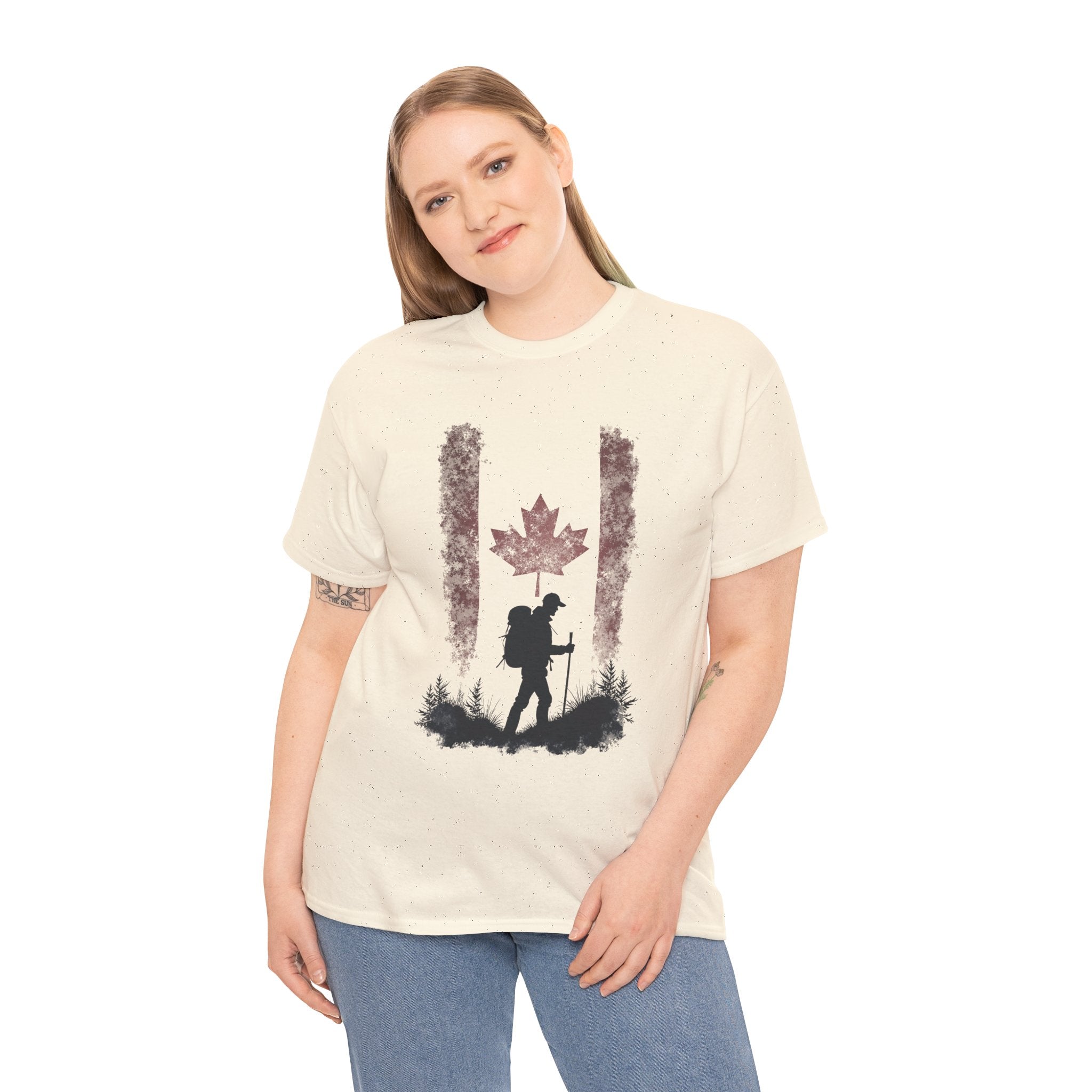 Hiking Canada T‑Shirt — Maple Leaf Backpacker Silhouette Tee