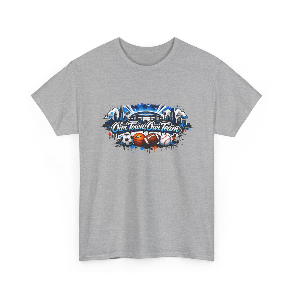 Gray t-shirt with sports-themed graphic and text 'our town our team' on a white background