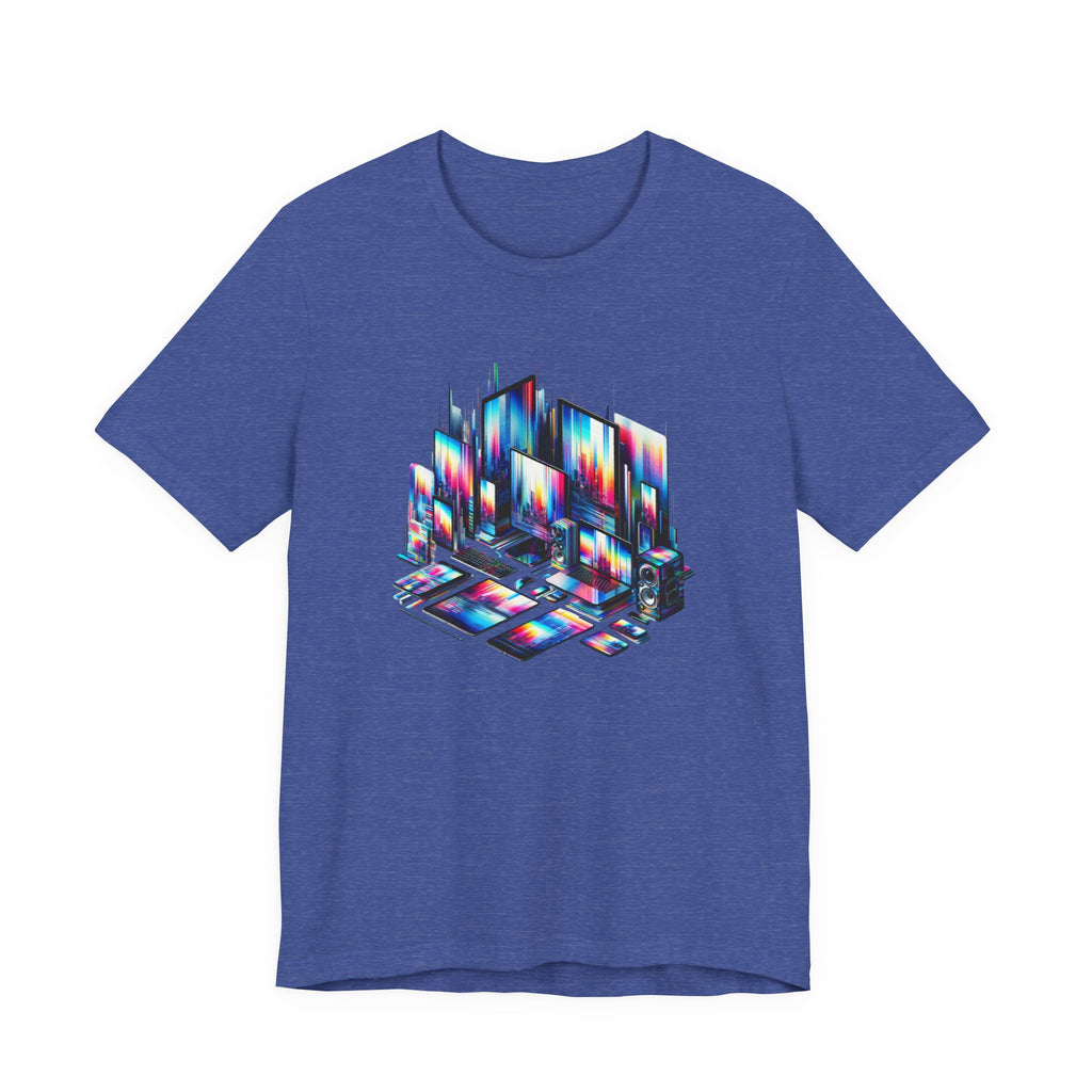 Retro Glitch City T-Shirt — Neon Vaporwave Pixel Tech Devices Tee