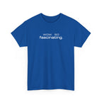 Blue t-shirt with 'wow. so fascinating.' text on a white background