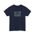 Navy blue t-shirt with white graphic and text 'Top Bins' on a white background