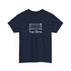 Navy blue t-shirt with white graphic and text 'Top Bins' on a white background
