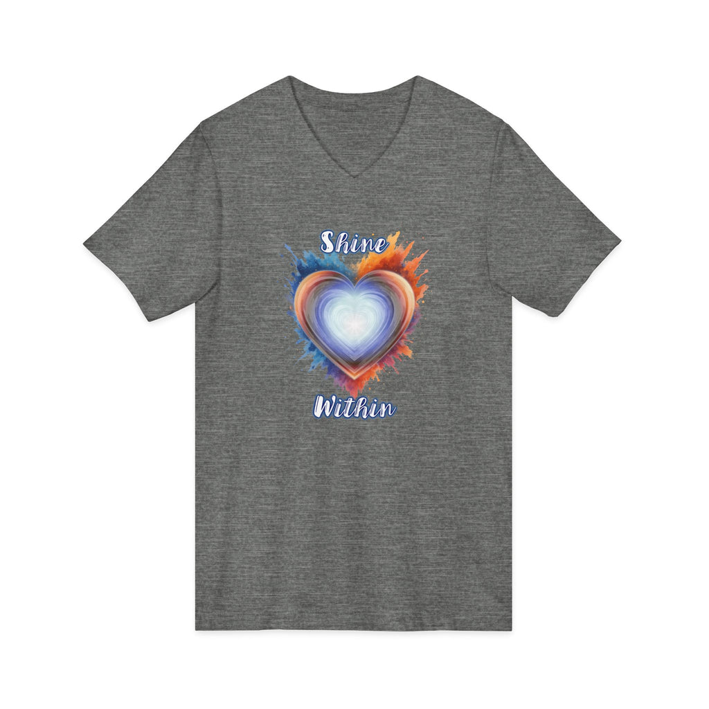 Shine Within V-Neck Tee — Heart Watercolor Splash Flame Design