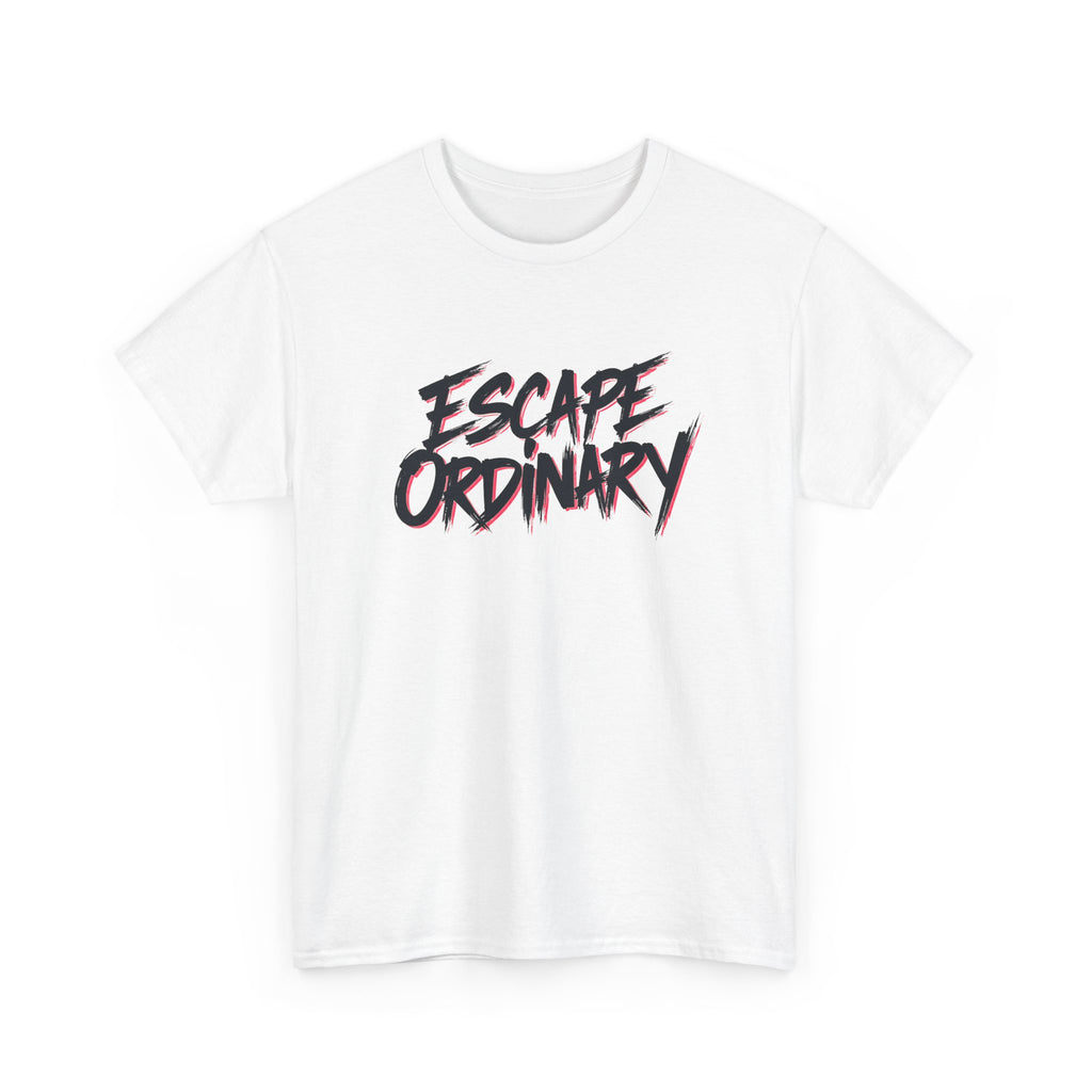 White t-shirt with 'Escape Ordinary' text on a white background