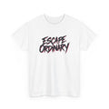 White t-shirt with 'Escape Ordinary' text on a white background