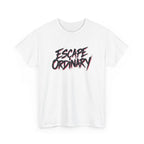 White t-shirt with 'Escape Ordinary' text on a white background