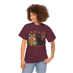 Black Cat Floral Tee - Cute Cat, Flowers & Butterflies Graphic T-Shirt