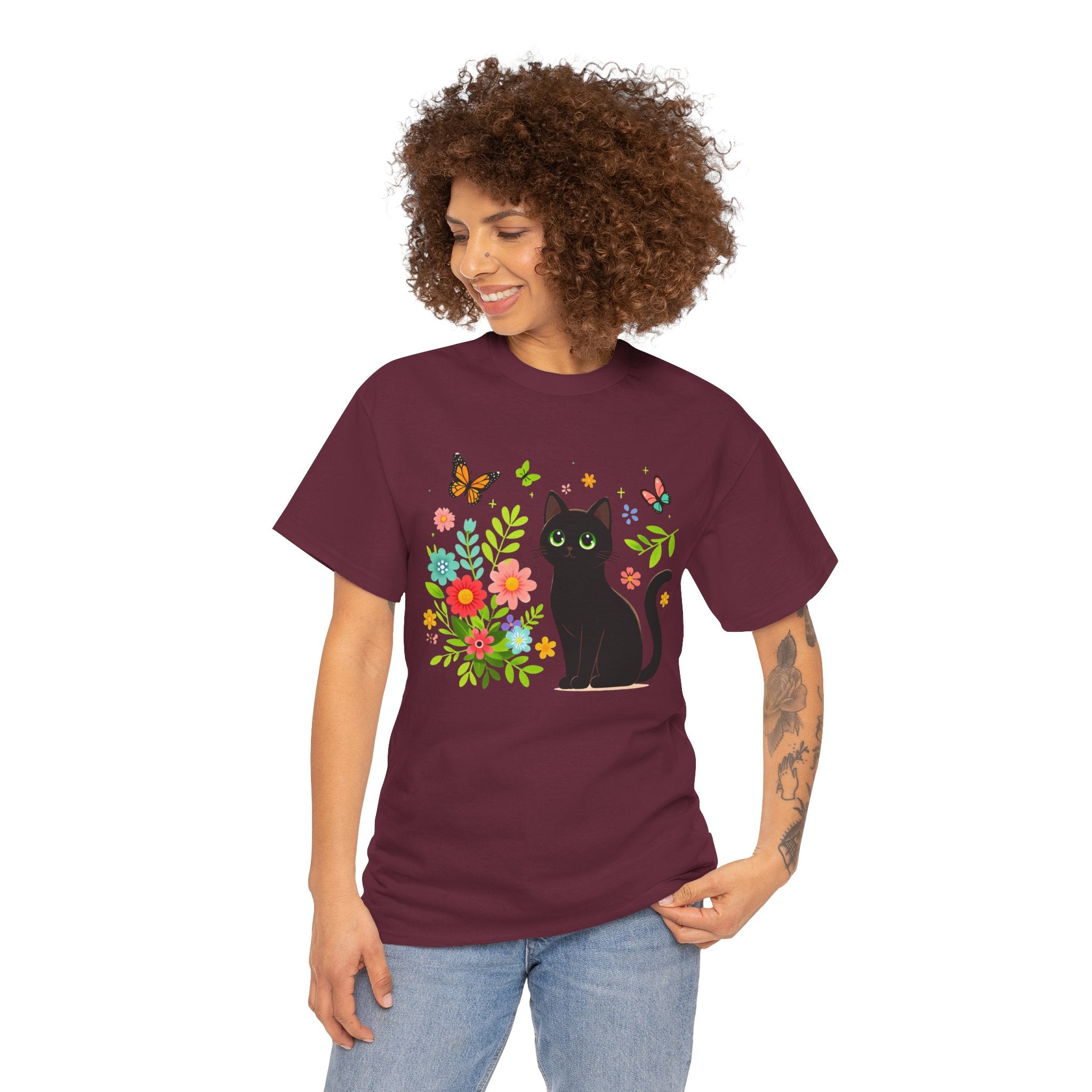 Black Cat Floral Tee - Cute Cat, Flowers & Butterflies Graphic T-Shirt