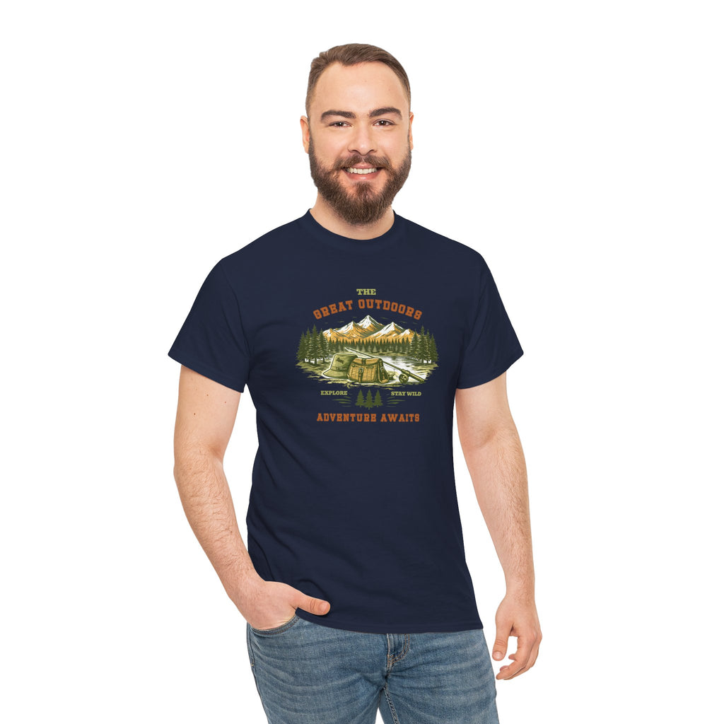 Fishing Camping T-Shirt — "The Great Outdoors: Adventure Awaits" Graphic Tee