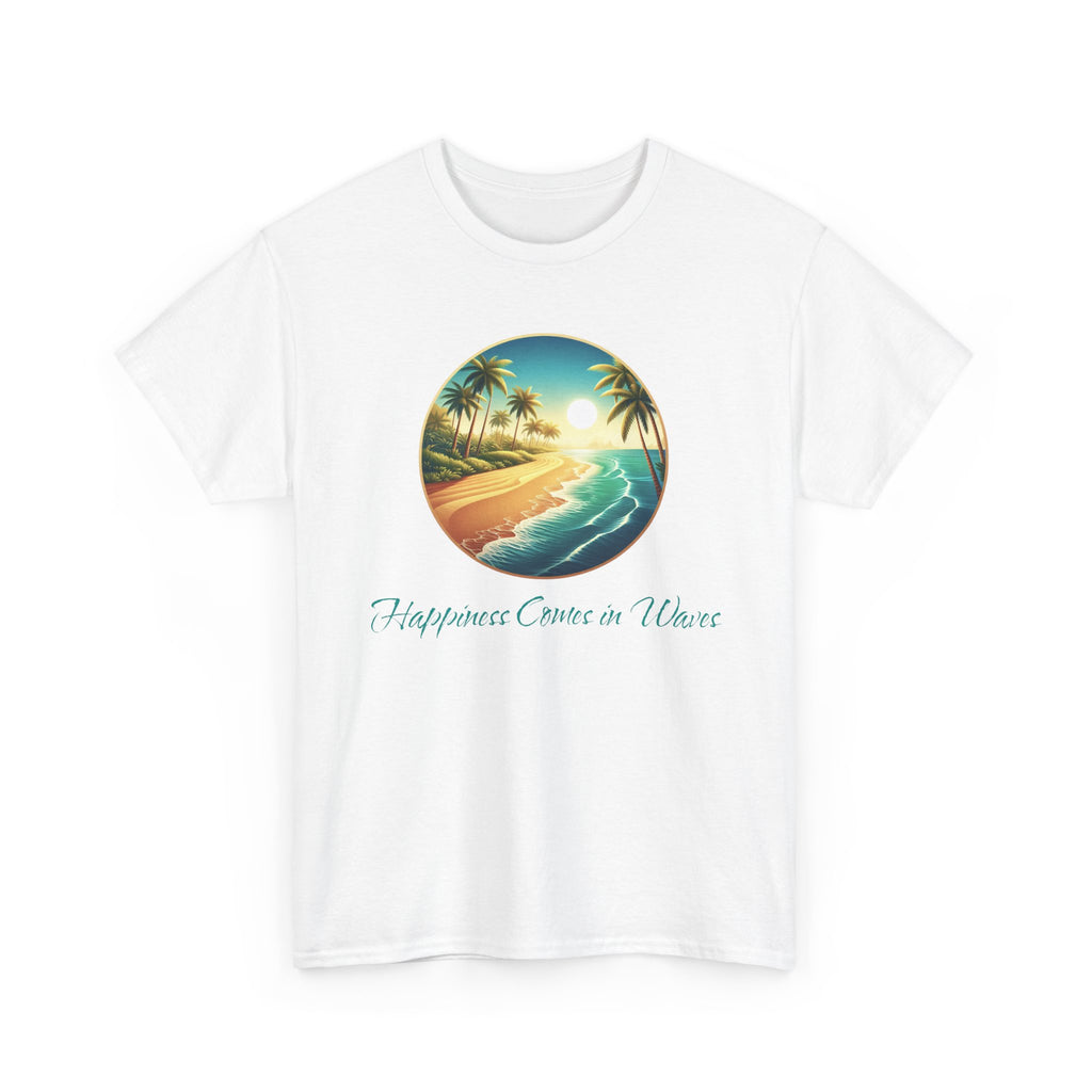 a beach graphic with palm trees and ocean in the middle with the text 'happiness comes in waves'