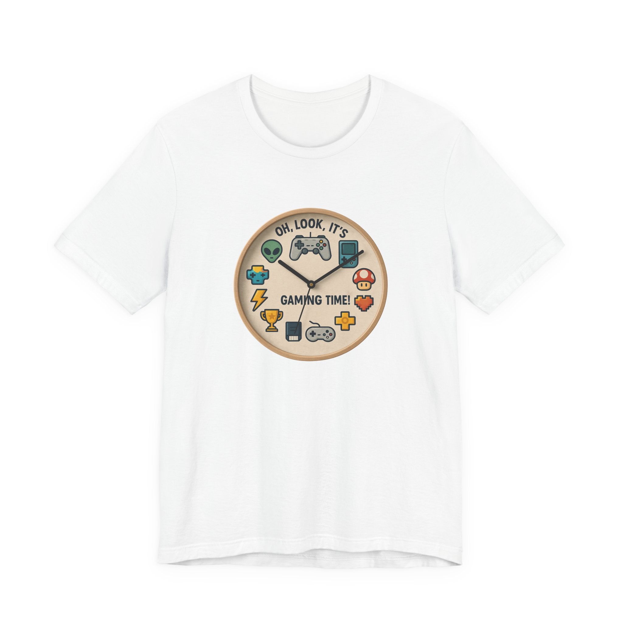 Playful gaming-themed wall clock illustration featuring game icons like a controller, trophy, heart, and mushroom, with bold text reading ‘Oh, look, it’s gaming time!’.