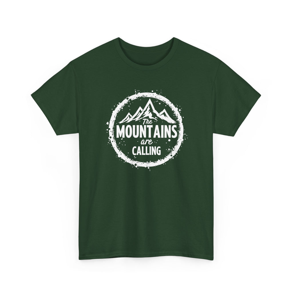 Green t-shirt with 'The Mountains are Calling' text and mountain hiking graphic on a white background