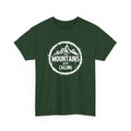 Green t-shirt with 'The Mountains are Calling' text and mountain hiking graphic on a white background