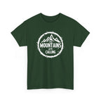 Green t-shirt with 'The Mountains are Calling' text and mountain hiking graphic on a white background