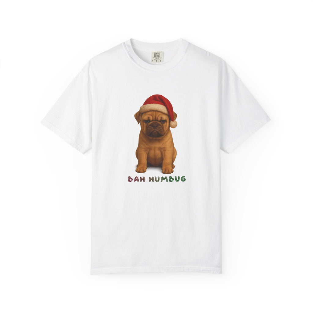 Cute grumpy Christmas puppy wearing a Santa hat with the phrase ‘Bah Humbug’.