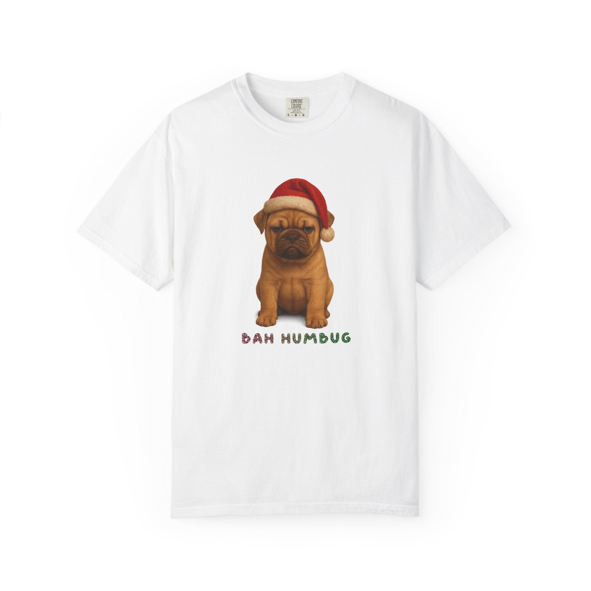 Cute grumpy Christmas puppy wearing a Santa hat with the phrase ‘Bah Humbug’.