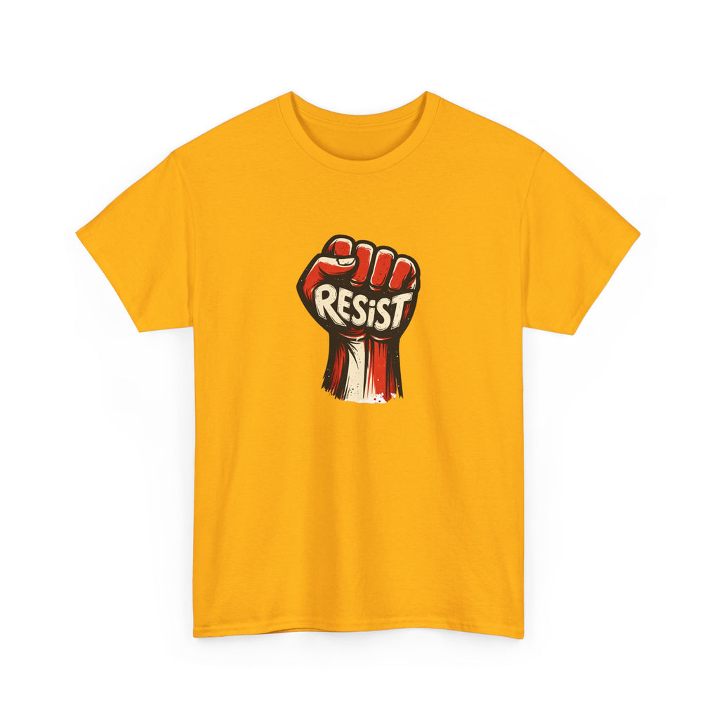 White t-shirt with a graphic of a raised fist holding the word 'Resist' on a white background